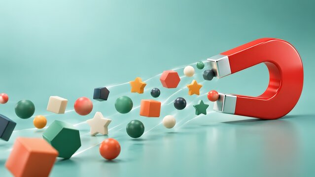 Red magnetic horseshoe attracting diverse colorful geometric shapes illustrating data collection strategy targeted marketing and customer acquisition