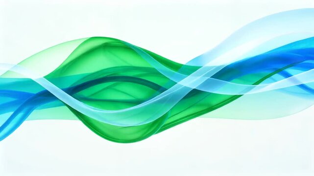 Abstract green and blue flowing ribbons against white background