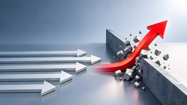 Red upward arrow shattering concrete wall leaving grey arrows behind illustrating business breakthrough overcoming obstacles and ultimate corporate success
