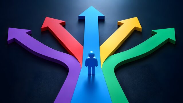 Blue 3D human figure standing at colorful arrow crossroads illustrating strategic business decision making career path choices and future corporate direction