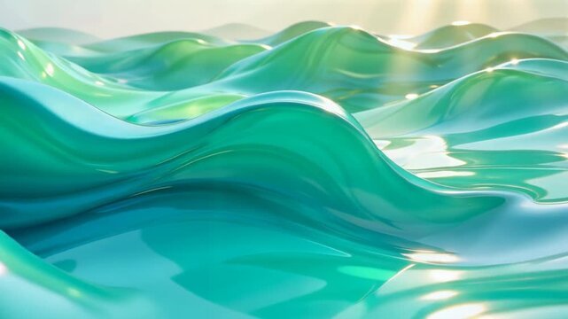 Abstract flowing waves of turquoise and green liquid with light reflections