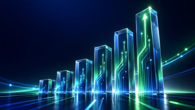Glowing green and blue digital rising bar chart composed of electronic circuit lines representing advanced financial growth and technological investment success