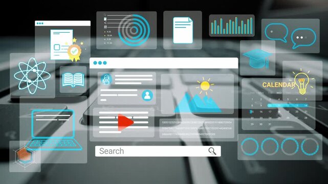 Abstract digital interface with search bar and collection of various icons representing technology, education, and information on a blurred keyboard background. Entropy.