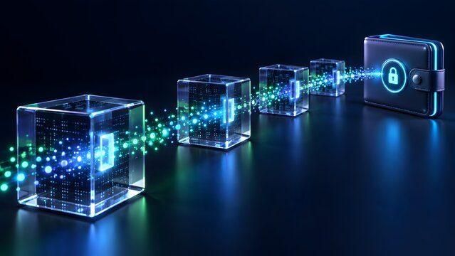 Digital glowing cubes representing blockchain data flowing securely into digital wallet illustrating secure cryptocurrency storage and advanced financial technology