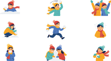 Fototapeta premium Cheerful Children Playing Winter Snowball Fight Vector Set with Kids Throwing Snowballs Running Making Snowman and Expressing Happy Holiday Emotions