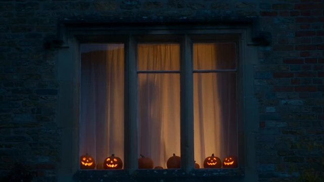 Halloween spooky glowing jack-o-lantern pumpkins in window of old stone house at night atmospheric scene