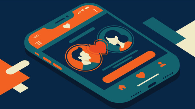 Isometric dating app vector illustration, mobile phone screen with man and woman profile icons, online relationship and social media concept