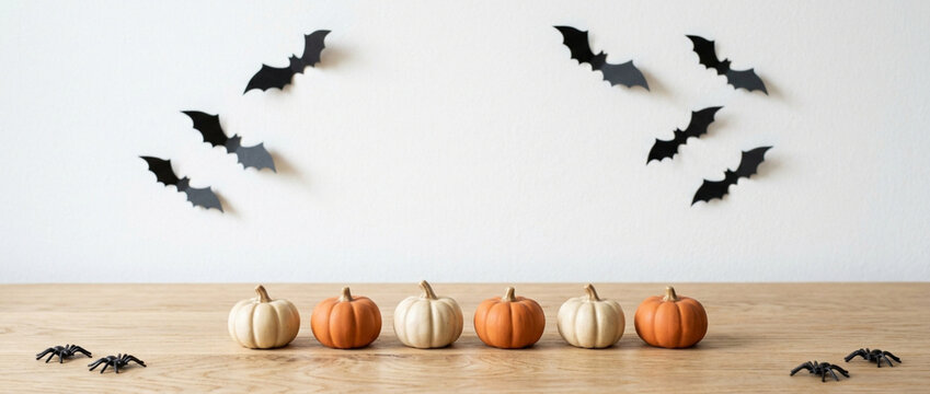 Halloween decor: pumpkins, bats, spiders on white background
