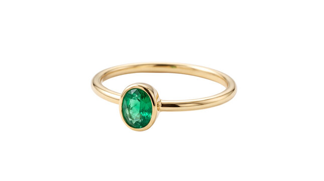 Elegant gold ring featuring a sparkling oval cut green emerald gemstone set in polished yellow metal for luxury fashion jewelry display on transparent background