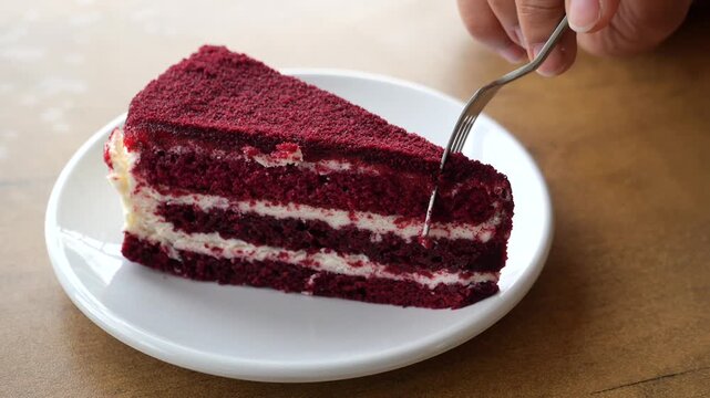 Slicing red velvet cake with metal fork on white plate closeup view for dessert promotion