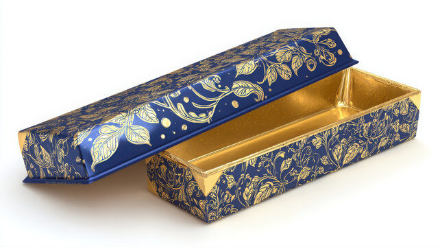 Empty rectangular gift box with open lid featuring blue and gold floral pattern gold decoration luxury packaging fancy box decorative container ornate box storage box floral design