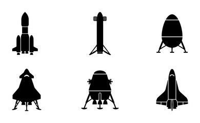Spacecraft Icons Set, Rocket Ship Silhouettes, Lunar Lander Vector Graphics, Space Exploration Symbols © Dev
