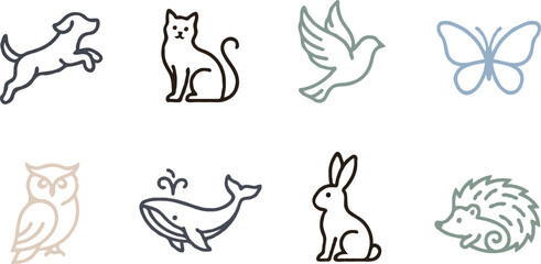 Obraz premium Minimalist line art vector icons of six animals performing natural poses with clean white backgroundPrint