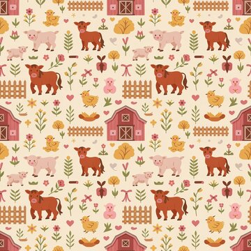 Seamless pattern with cute farm animals and red barns in a flat 2d vector illustration style