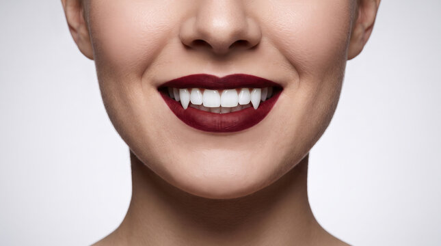 Vampire blood drinking halloween smile with sharp tooth and dark lipstick. Horror fear evil dracula monster. dark gothic fantasy mystery night, elegant wine party