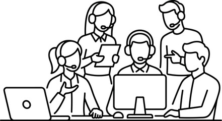 Fototapeta premium Customer Service Team Working Together with Computers and Headsets