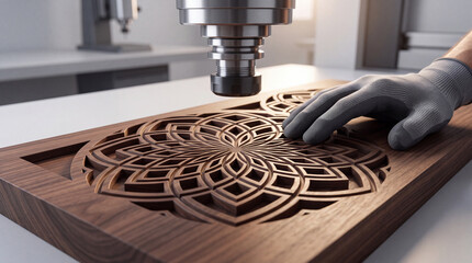 Fototapeta premium Precision CNC milling machine carving an intricate geometric mandala pattern into a dark wood panel, automated woodworking technology in a modern industrial workshop with a craftsman's hand.