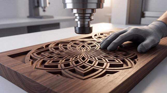 Precision CNC milling machine carving an intricate geometric mandala pattern into a dark wood panel, automated woodworking technology in a modern industrial workshop with a craftsman's hand.