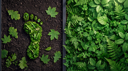 Fototapeta premium Ecological footprint concept featuring a human foot shape made of green moss and ferns on dark soil next to a lush green forest ground, representing carbon footprint and environmental conservation.