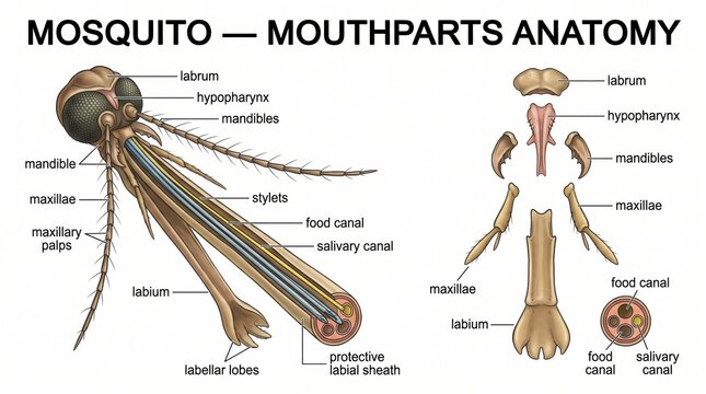Mosquito mouthparts anatomy illustration isolated on transparent background with detailed anatomical labels