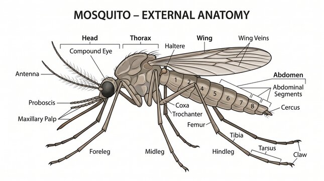 Mosquito anatomy diagram vector illustration isolated on transparent background