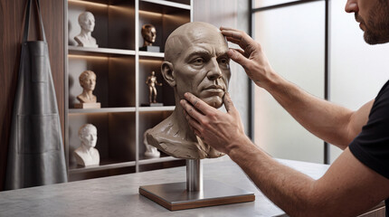 Fototapeta premium Professional Male Sculptor Carefully Shaping and Detailing a Realistic Clay Human Head Bust in a Modern Art Studio Workshop, Focusing on Fine Artistic Craftsmanship and Creative Process