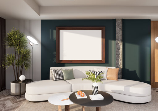 Modern Luxury Living Room Interior with Blank Wooden Picture Frame Mockup, Curved White Sofa and Dark Emerald Accent Wall