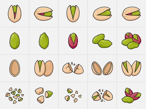 Pistachio nuts vector illustration set with shelled, cracked and whole kernels isolated on white background