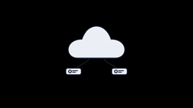 Minimal animated cloud synchronization icon showing two data sources connecting to a cloud, transferring data packets, completing synchronization with a controlled sync ring, and confirming the proces