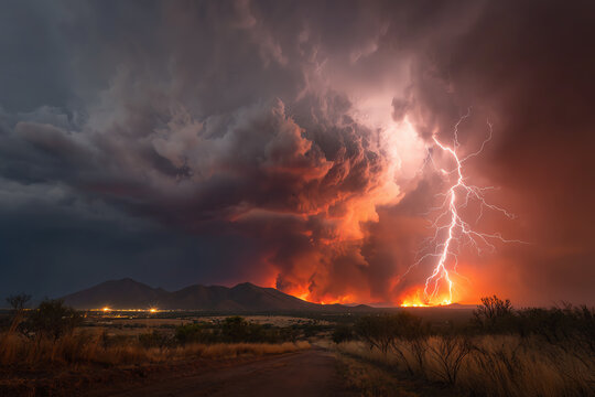 Wildfire and Lightning Strike: A dramatic scene unfolds as a powerful lightning bolt strikes during a raging wildfire, illuminating the stormy sky and engulfing the landscape in fire and smoke.
