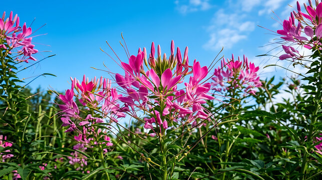 Pink spider flowers blooming in a sunny garden against a clear blue sky background