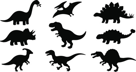 Obraz premium Black silhouettes of many different prehistoric dinosaurs such as a t rex triceratops pterodactyl and brachiosaurus are shown on a plain white