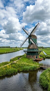 Scenic Dutch Windmill Landscape with Cloudy Sky and Waterway.
