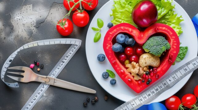 Colorful Heart-Shaped Plate of Fresh Fruits and Vegetables with Measuring Tape and Fork on Dark Background