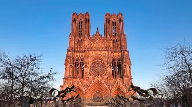 Reims Cathedral Notre-Dame de Reims. Reims, France, December 25, 2025. High quality 4k footage