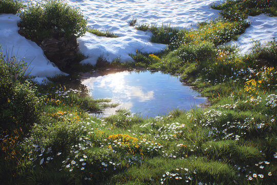 Spring Thaw: A small pool of meltwater reflects a cloudy sky amidst a vibrant meadow awakening from winter's slumber, with patches of snow still lingering.