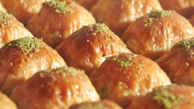 Freshly baked baklava dessert with bright golden syrup and finely chopped green pistachios, a traditional sweet pastry prepared for a festive occasion