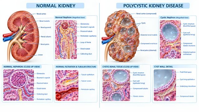 Professional medical educational illustration comparing normal kidney anatomy with polycystic kidney disease, featuring realistic renal tissue, fluid-filled cysts, nephron structures, microscopic deta