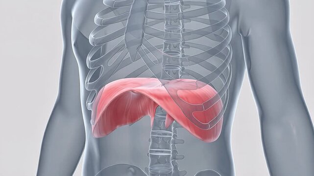 3D medical animation of the human diaphragm muscle contracting and relaxing inside the transparent rib cage during the breathing process.