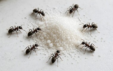 Fototapeta premium Sugar on the floor swarming with ants.