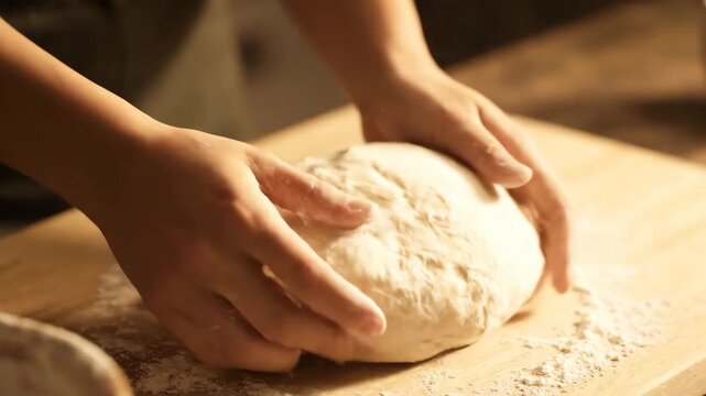 Hands kneading dough on a wooden board while making bread with warm lighting