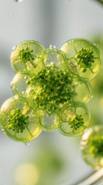 Close-up of a green plant cell cluster with visible chloroplasts and cell walls under a microscope.