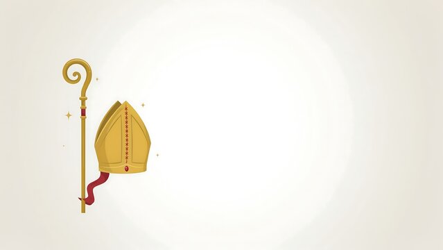 Golden bishop miter hat and crosier staff on a white background with gold hat