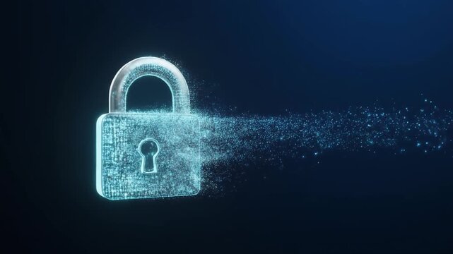 Metallic Padlock Dissolving into Digital Data Particles, Cybersecurity and Data Protection Background, 3D Render