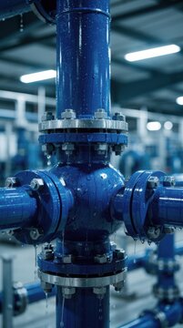 Close-up of blue industrial pipes with flanges and bolts in a factory setting, showcasing detailed plumbing infrastructure.