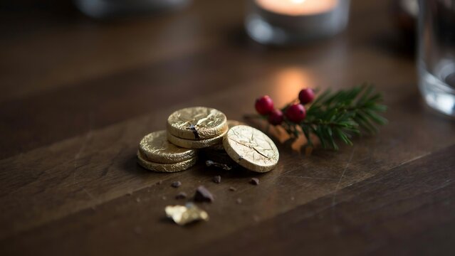 Chocolate gold coins and pine branch decoration on a dark wooden table