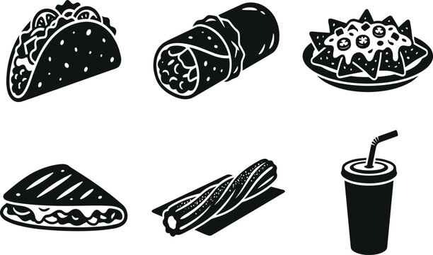 Mexican Fast Food Icon Set &ndash; Taco, Burrito, Nachos, Quesadilla, Churro and Drink Cup Black Illustration Collection
