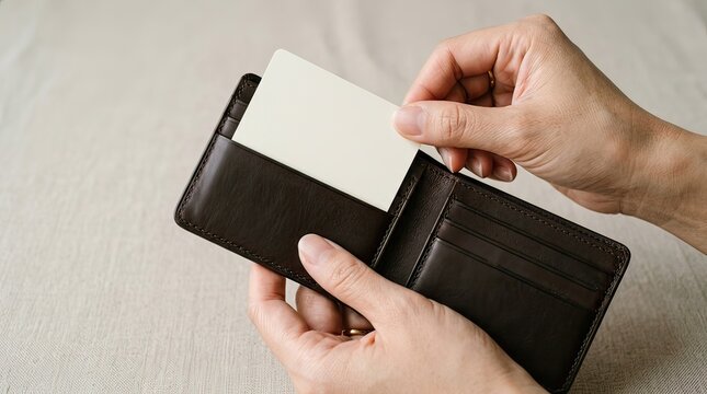 Person inserting card into a brown leather wallet
