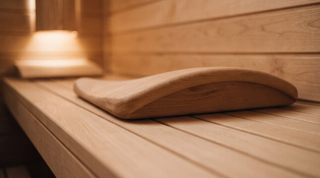 Wooden sauna pillow resting on slatted cedar bench in wellness room