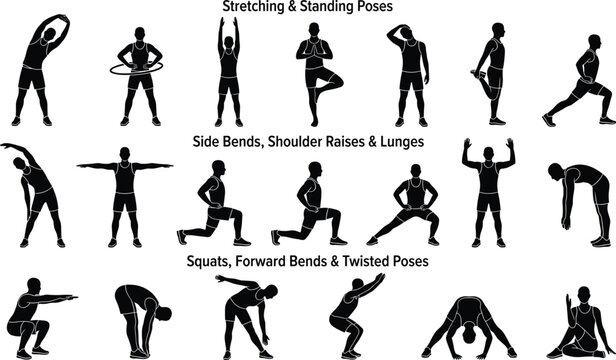 Fitness workout exercise routine stick figure collection isolated on white background for gym training and healthy lifestyle infographics